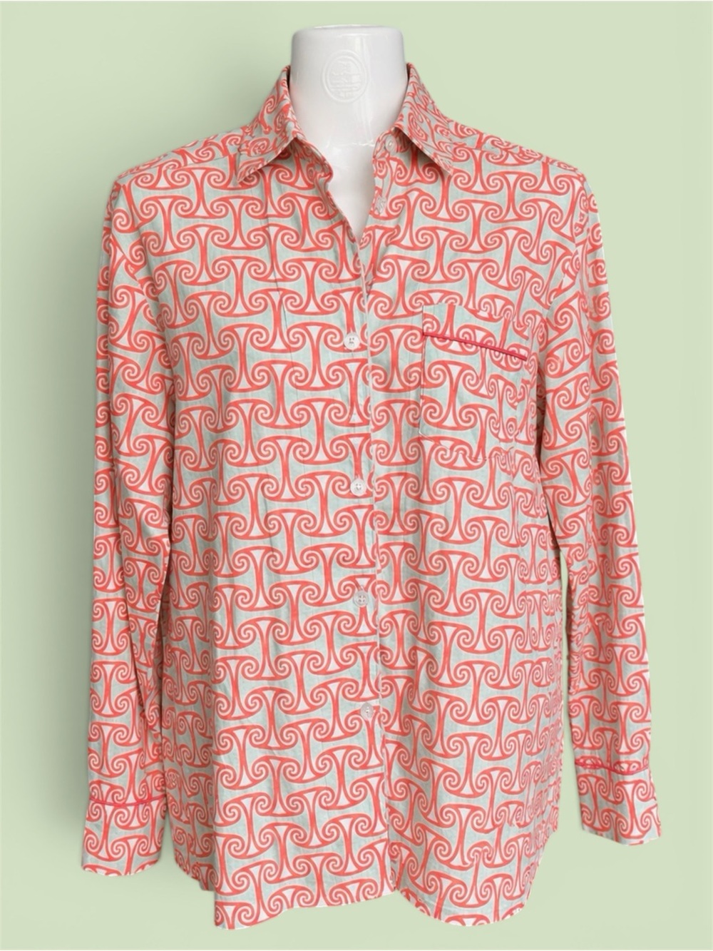 MALABAR BAY Pajama Set, Organic Cotton Salmon/Mint Colored Print, Medium. - Picture 2 of 7